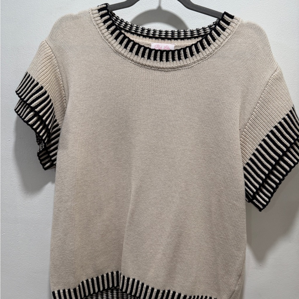Pink Lily Cream Knit Sweater with black striped details
